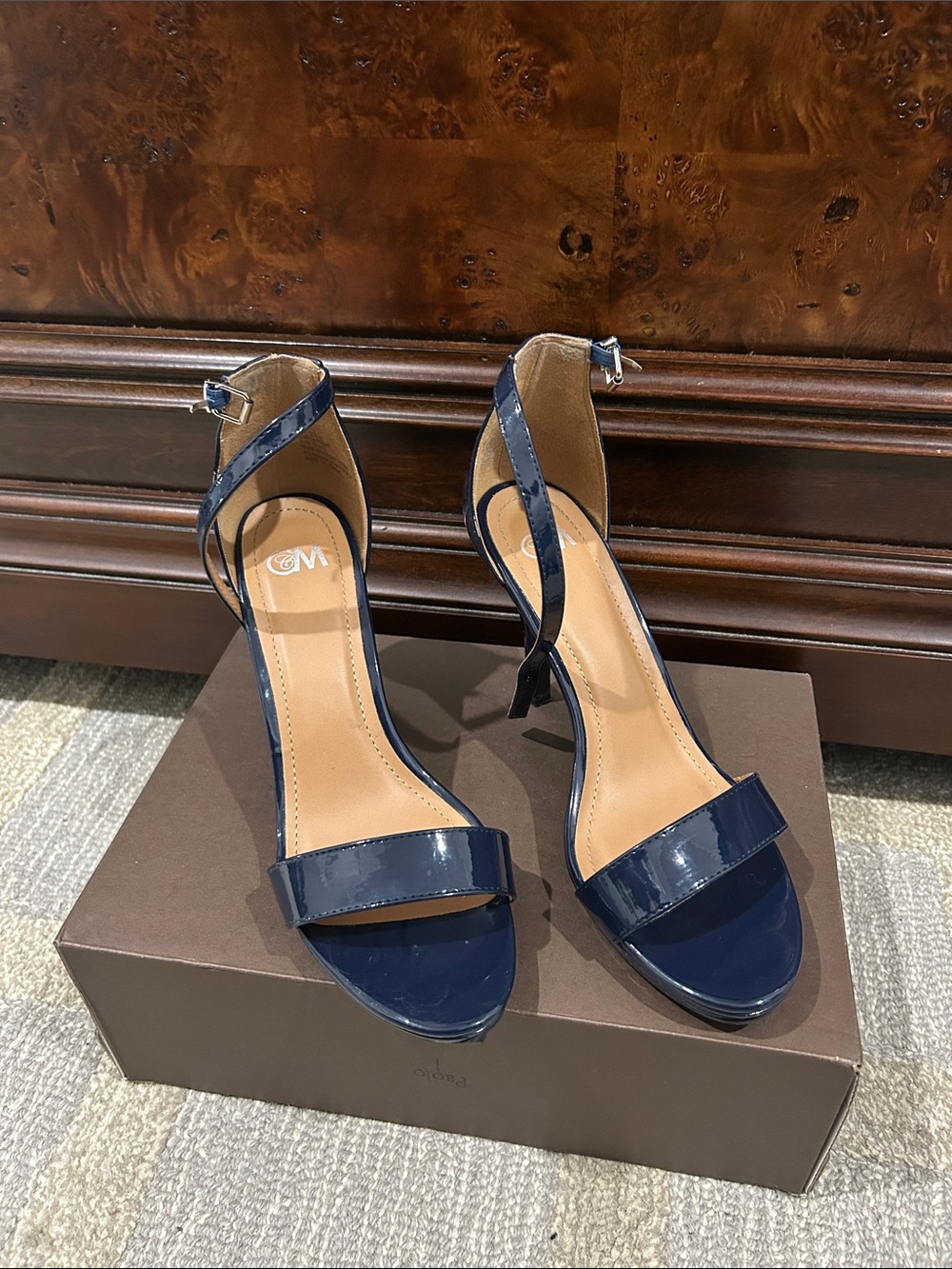 Navy Patent Leather Ankle-Strap Heels